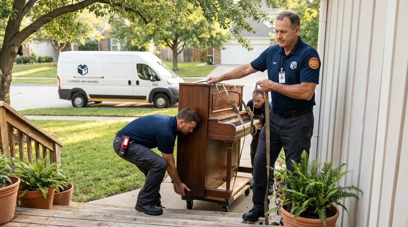 Licensed piano movers securing grand piano in Point Pleasant Beach, NJ