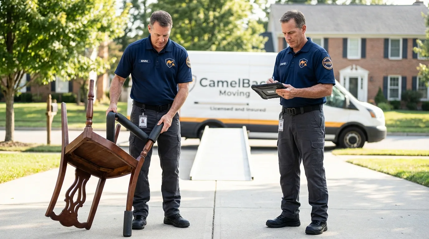 Movers inspecting furniture for damage prevention before loading in Point Pleasant Beach, NJ