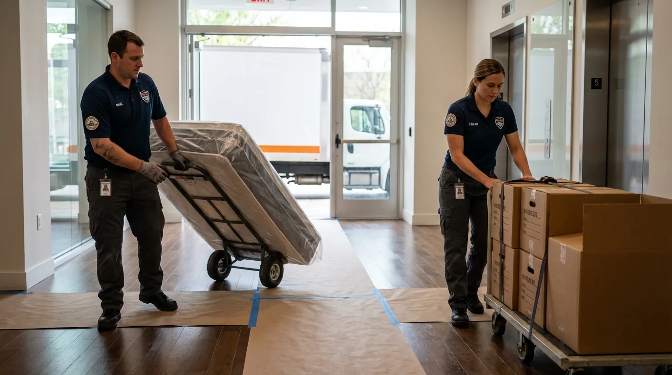 Professional apartment movers loading elevator in Point Pleasant Beach, NJ